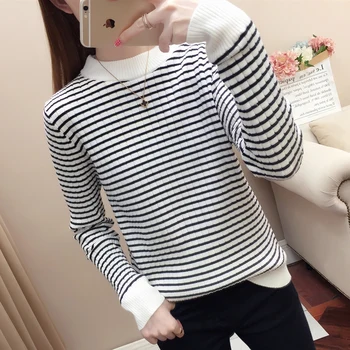 

450134 real photo stripe color matching half high collar knitting insert sweater [right of zone J 18]2019ag