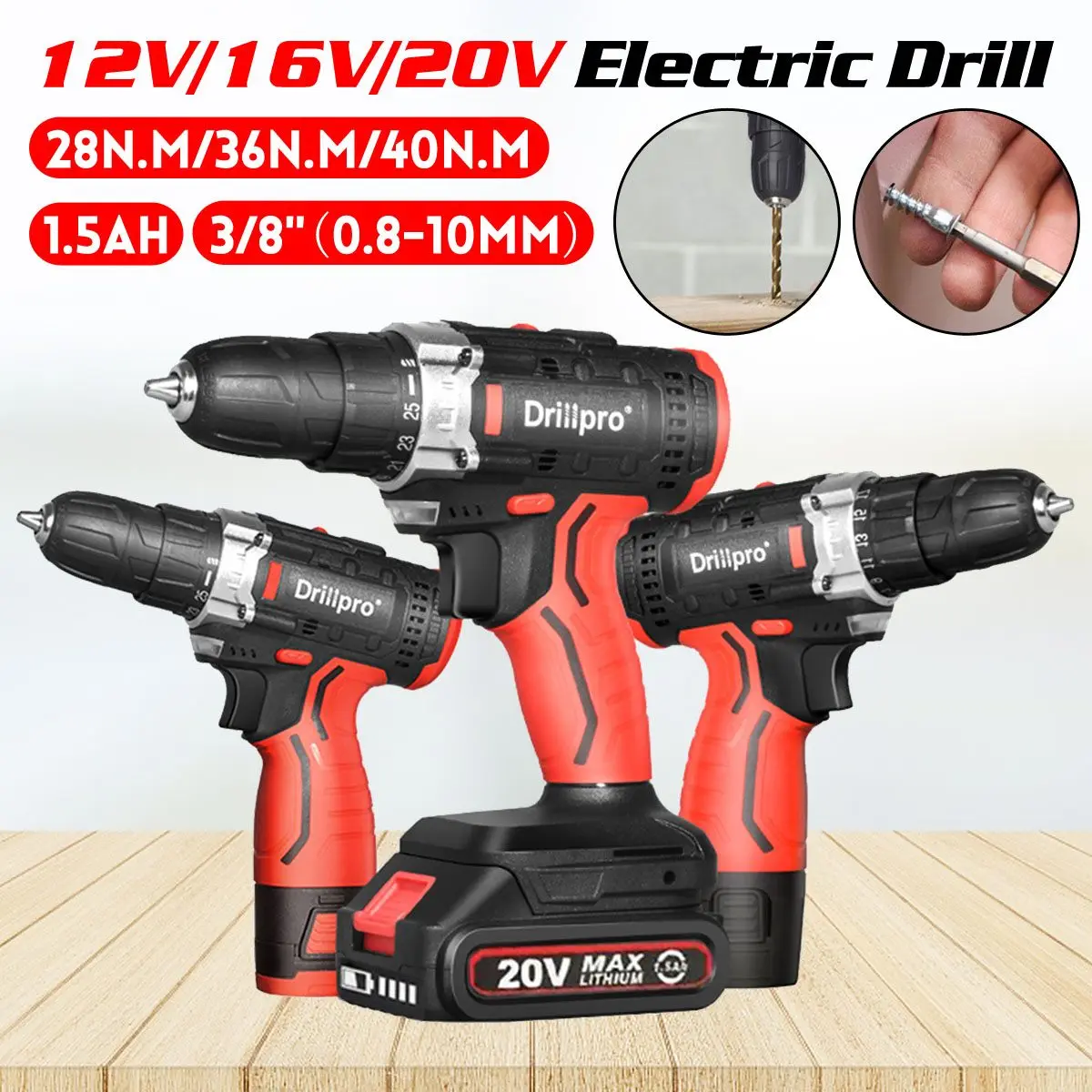 Drillpro Taladro Inalámbrico de 12V, 16V y 20V, destornillador eléctrico de  3/8 pulgadas, minicontrolador eléctrico de potencia, batería de iones de  litio CC|Martillos eléctricos| - AliExpress