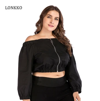 

LONKKO Black Sexy Casual O-Ring Zip Front Cut Slash Neck Collar Short Coats Full Sleeve Sweatshirt Plus Size Autumn Women Coats