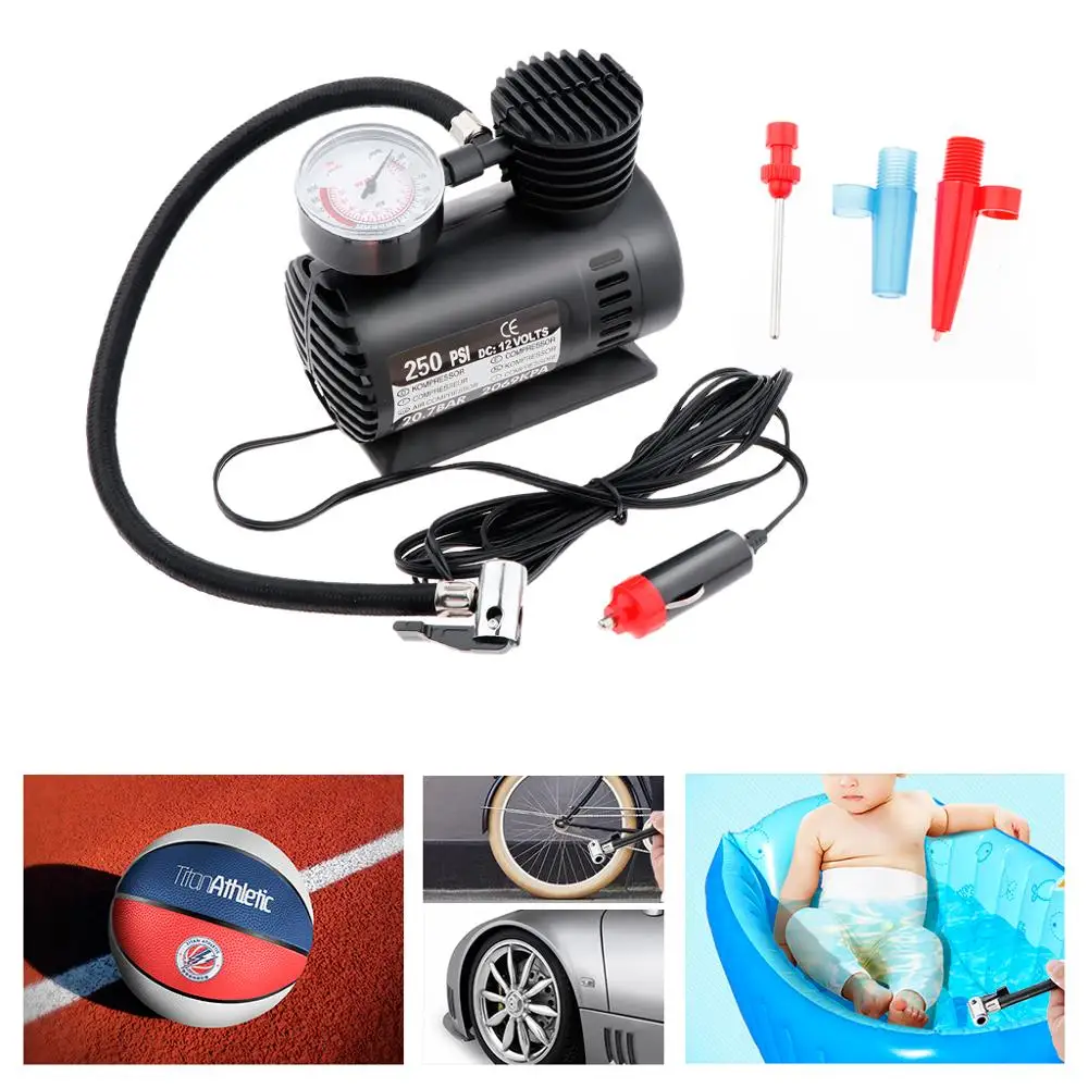 

250 PSI 12V Car Pump Tire Inflator Mini Air Compressor with Gauge kompresor for bicycle, car,motorcycle inflatable boat,balloon