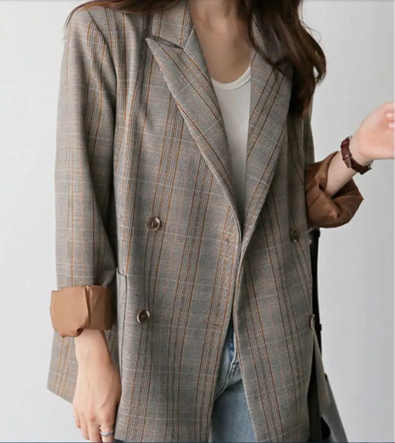 Vintage Plaid Blazer Women Spring/Autumn Loose Korean Women Suit Casual Blazer Fashion Office Ladies suit Blazers