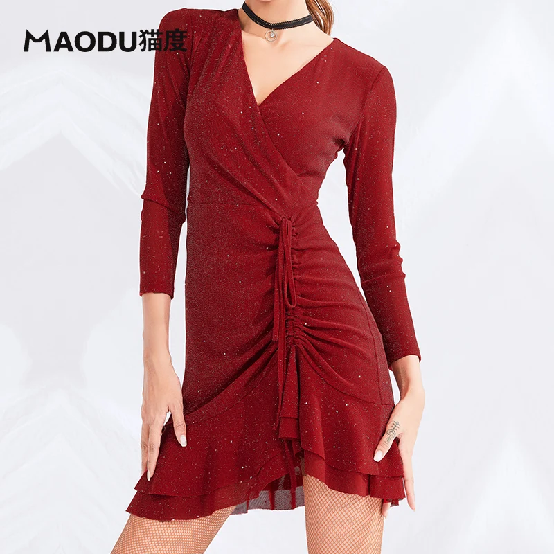 High Quality V-neck Dancing Dress Sparking Latin Skirt with Long Sleeves Adult& Women Stage Show Costumes 3 Colors B0029 - Цвет: Wine Red