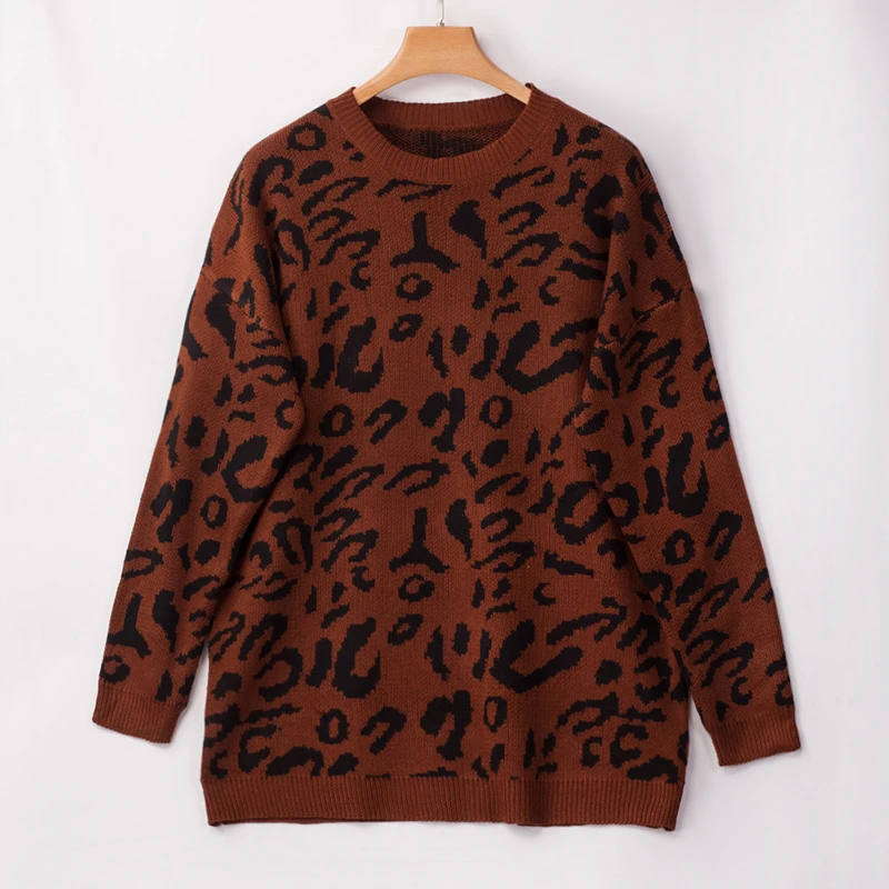 TWOTWINSTYLE вязаный Леопардовый женский свитер с круглым вырезом и длинными рукавами пуловеры повседневные осенние свитера женские новые модные - Цвет: Coffee