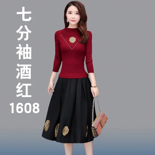 wine red-Qi Fen 1608 KMETRAM зимнее платье Женский вязаный свитер миди винтажное платье элегантные женские платья с вышивкой платье с длинным рукавом MY4911 - Color: wine red-Qi Fen 1608