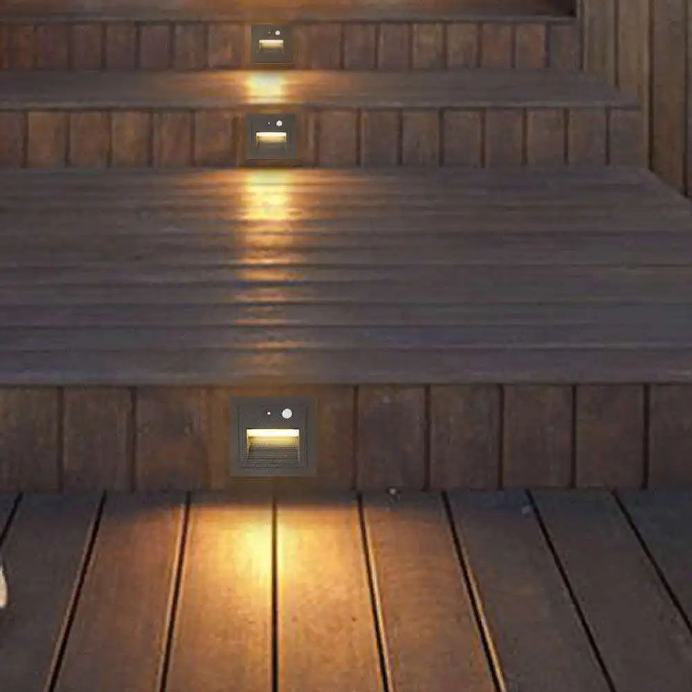 Stair Light LED Step Light PIR Motion Detector+Light Sensor 2.5W AC110-240V IP65 Waterproof Footlight Recessed Wall Sconce Lamp