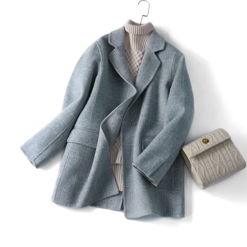 long black puffer coat Hand-sewn wool double-faced fleece jacket, plaid coat, women's suit, new autumn and winter woolen women's clothing down puffer coat Coats & Jackets