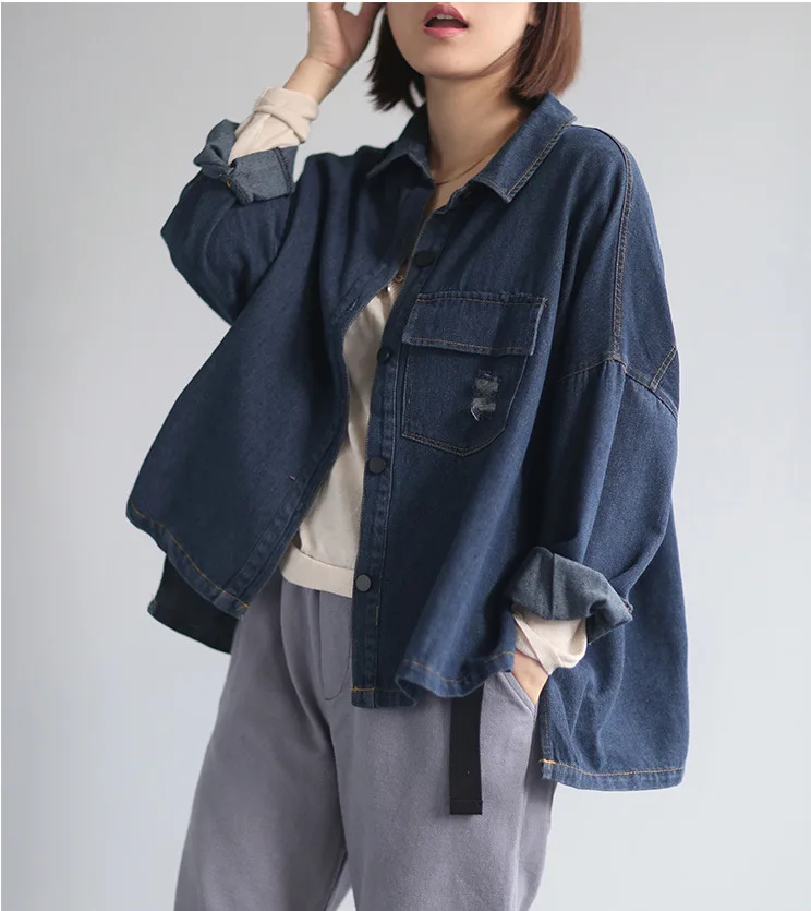 Women jackets Large size Loose Autumn Winter Denim Coat New Ladies Cardigan Tops Long-sleeved pocket Casual Denim jackets - Color: Blue