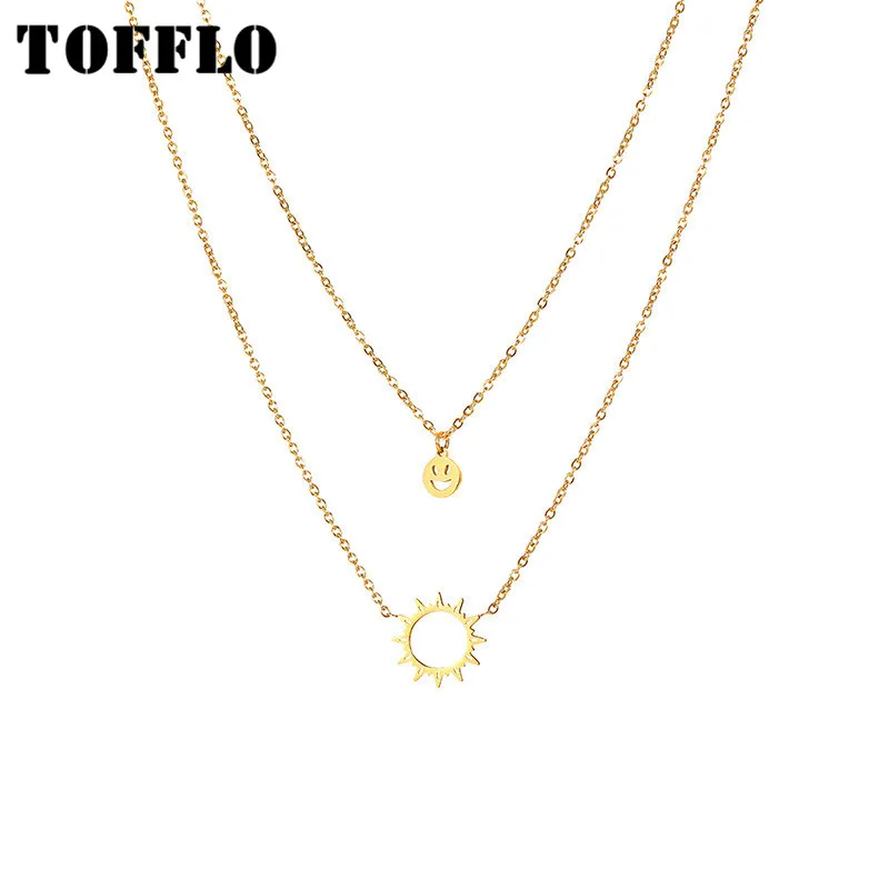 

TOFFLO Stainless Steel Jewelry Sun Smiling Face Double Layered Necklace Women's Fashion Clavicle Chain BSP955