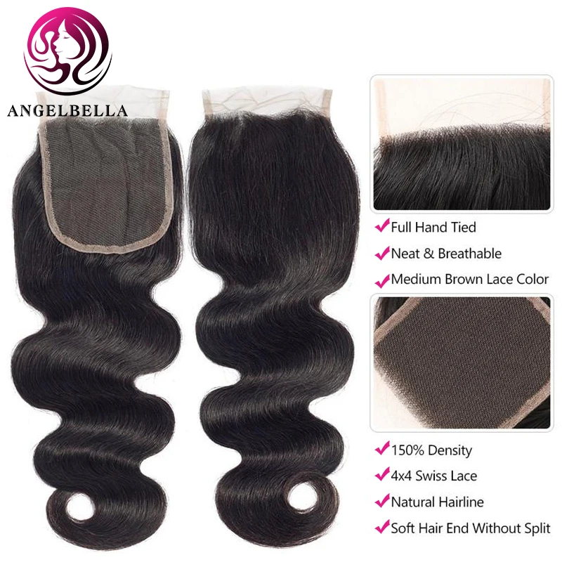 

Angelbella 4x4 High-end Swiss Lace Closure 1pcs Body Wave Free Part 10A Brazilian Human Remy Hair 18 Natural Color Closure