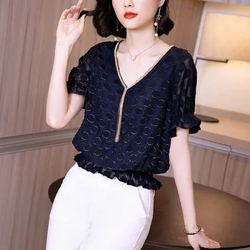 

European and American Style Tassel V-neck Short-Sleeved Blouses 2020 Summer New Bronzing Polka Dot Chiffon Shirt Womens Clothes