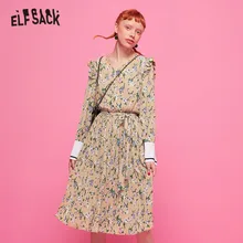 ELFSACK, разноцветное женское платье с цветочным принтом, с оборками, с поясом,, Осеннее, с воланом, рукав, бохо, повседневное, для офиса, для девушек, повседневные платья