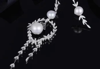 

925 Sterling silver gorgeous CZ crystal Leaves earring Elegant geometric circle round Pearl Asymmetric earring silver jewelry