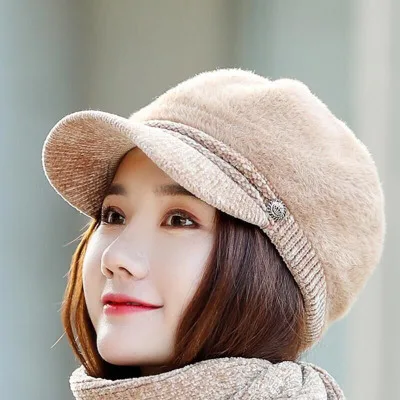 HANGYUNXUANHAO Women French Beret Hat Scarf Set Winter Warm Lady Hat Chenille Elegant Beanie Cap - Цвет: Single cap khaki