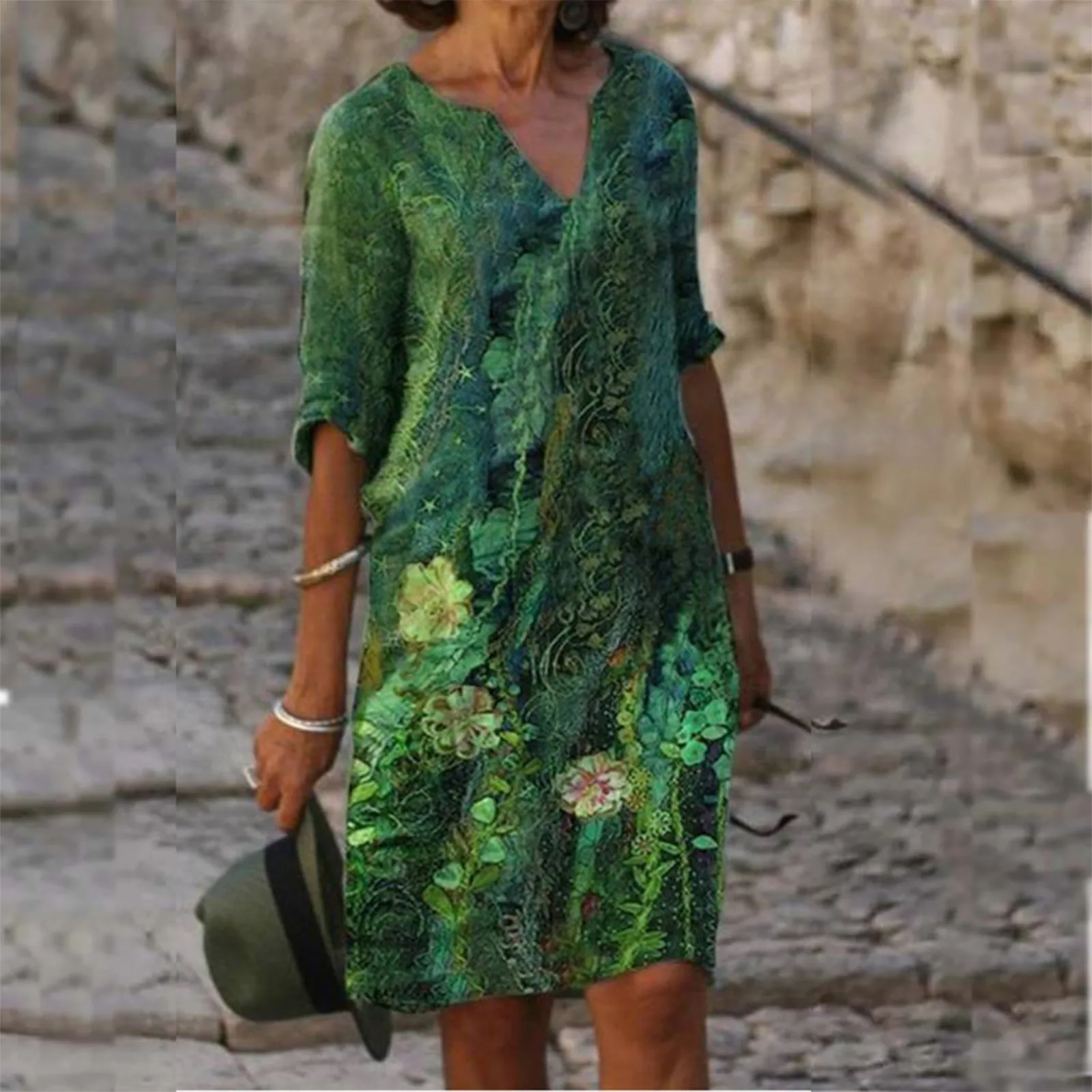 2021 Summer Women's Vintage Dress V-neck Floral Printed Short Sleeve Casual Comfortable Loose Knee-Length Dress Vestido Mujer 2