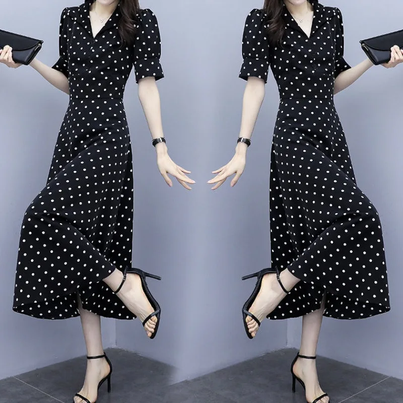 

Polka Dot Dress Women's Summer New Style Korean-style Slim Fit Slimming Large Size Cover Belly over-the-Knee Elegant Long
