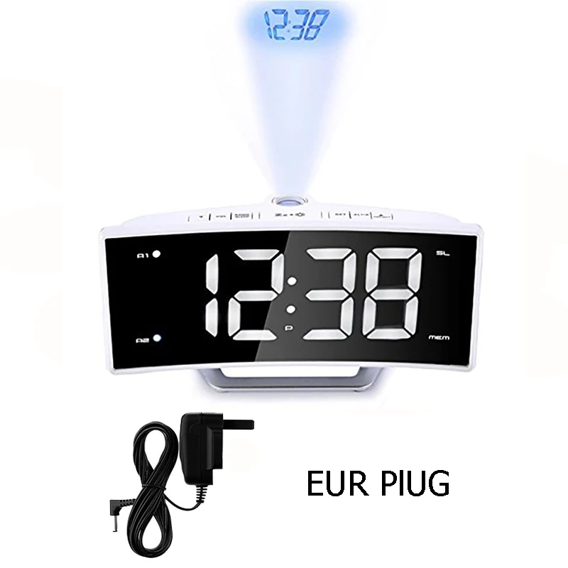 White EUR plug Проекционный Будильник с зеркалом времени FM радио Будильник Светодиодная цифровая электронная Настольный проектор часы настольные часы Nixie - Цвет: White EUR plug