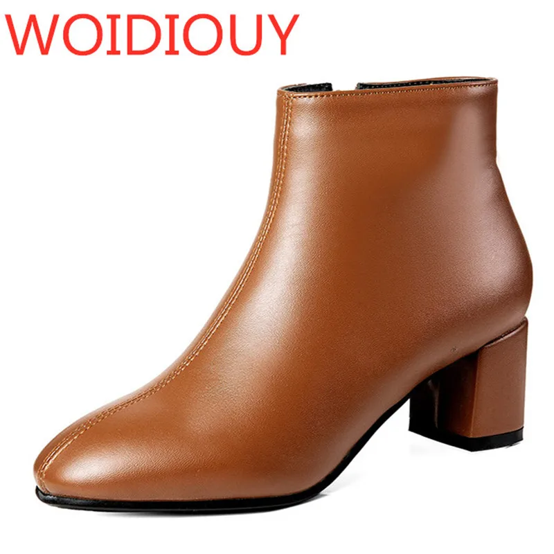 

WOIDIOUY 2020 autumn and winter leather women's boots sleek minimalist square head solid color ankle boots size 34-43