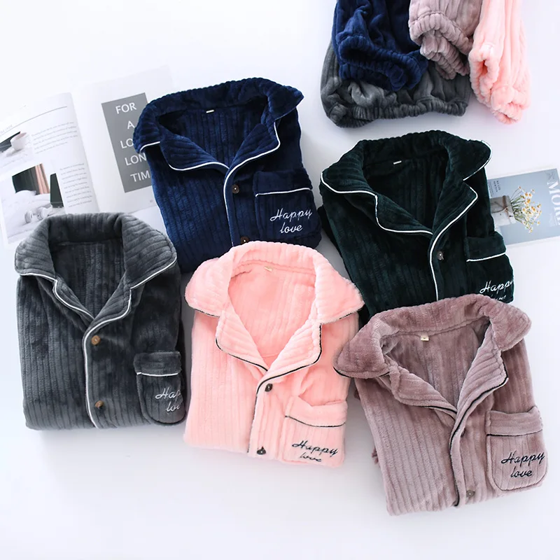 Winter Couples Casual Pajama sets Men Thick Warm velvet Sleepwear suit Male Long sleeve Turn-down collar Coat+ Pants XXL