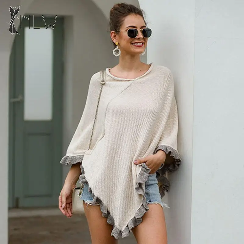 

NLW Women Knitted Ponchos and Capes 2019 Winter Ruffle Vintage Sweater Cape Cloak Autumn Casual Warm Long Jumper Capes