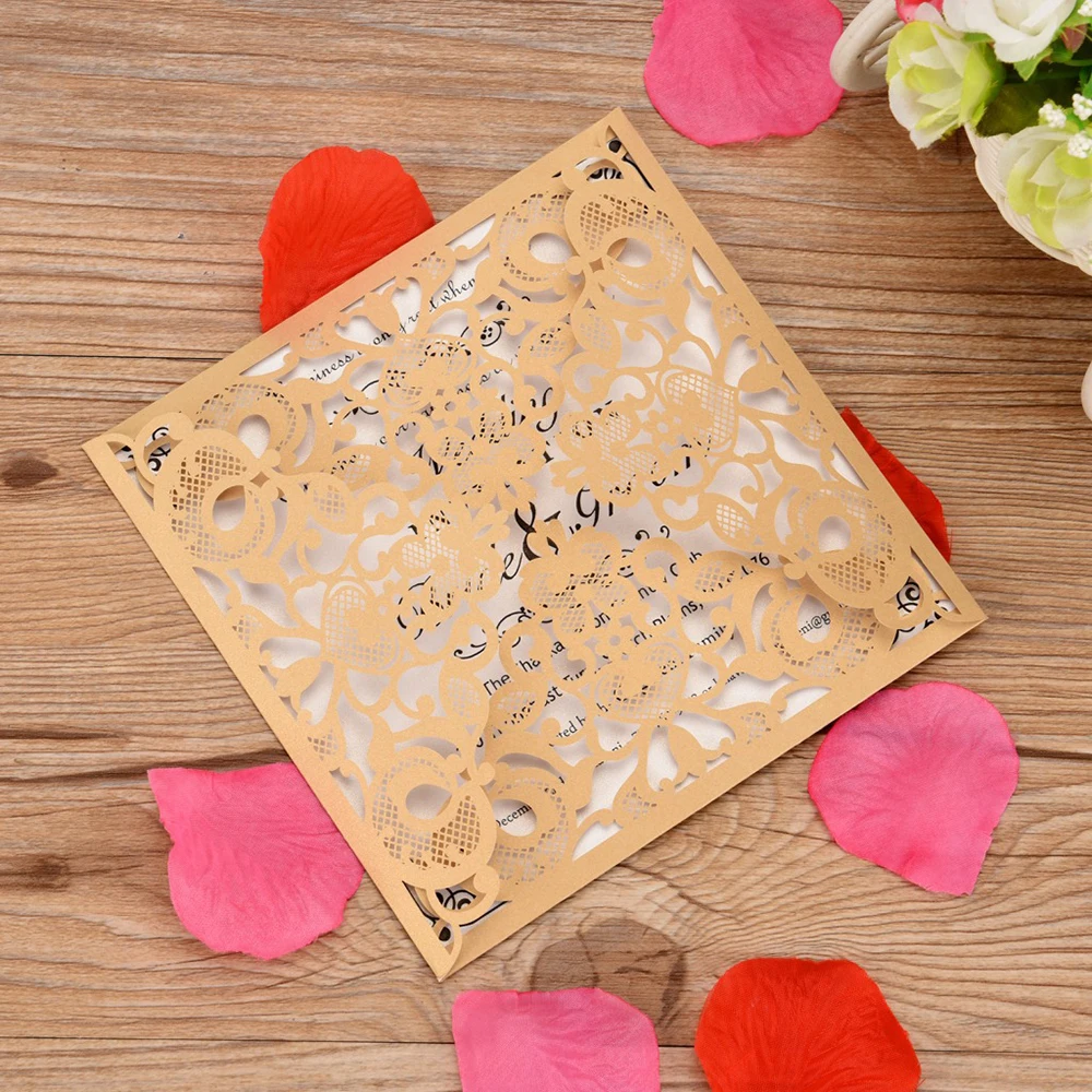 50 pieces/lot) European High-end Pink Wedding Invitation Card Laser Cut Floral Glittering Engagement Baptism Invitations