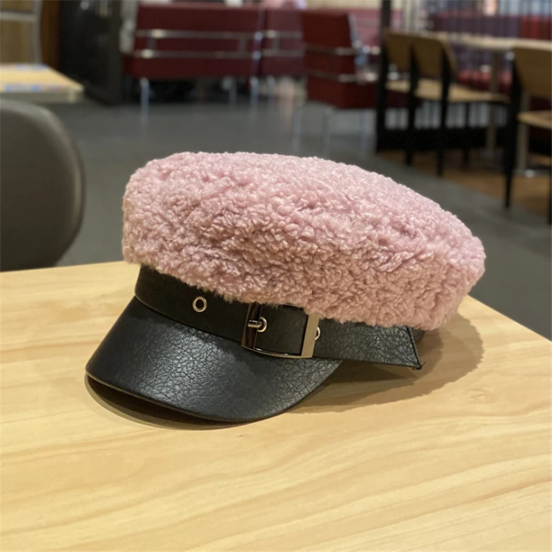 pink Женская осенняя и зимняя шапка из овчины восьмиугольная кепка из искусственной кожи берет Британский живописец газетная Кепка - Цвет: pink