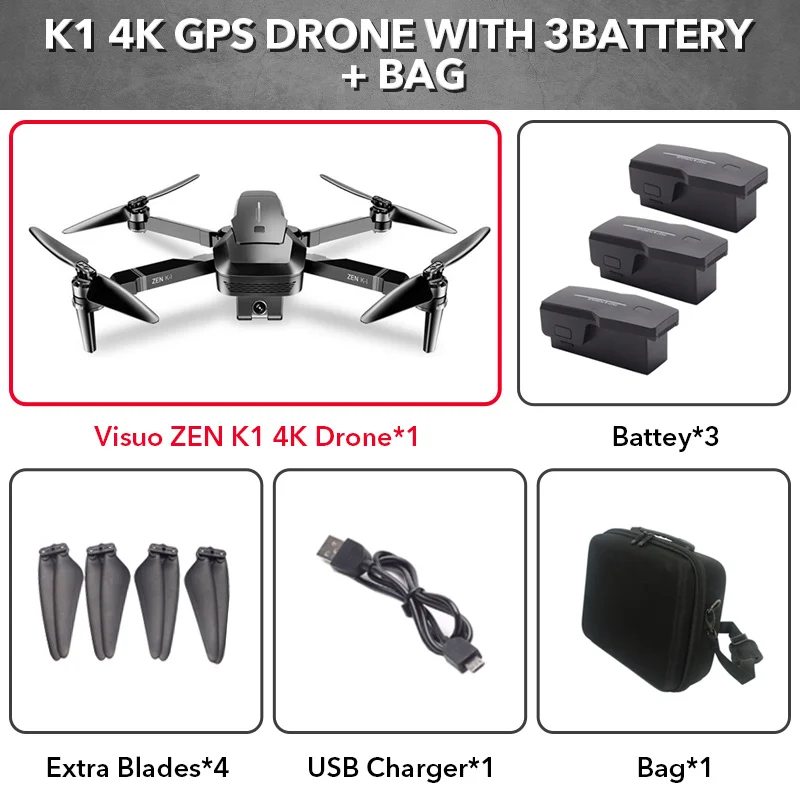 3 batteries with bag VISUO ZEN K1 5G wifi FPV gps 4K 720P HD Двойная камера 90 градусов широкоугольный складной Радиоуправляемый Дрон Квадрокоптер VS XS809HW SG106 H37 M69 - Цвет: 3 batteries with bag
