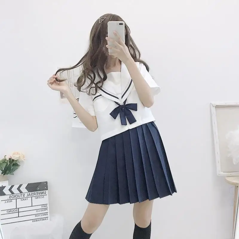 Kawaii школьная форма для японской средней школы для девочек японские корейские Топы+ юбка+ галстук школьная одежда Униформа Юнга черно-белый костюм