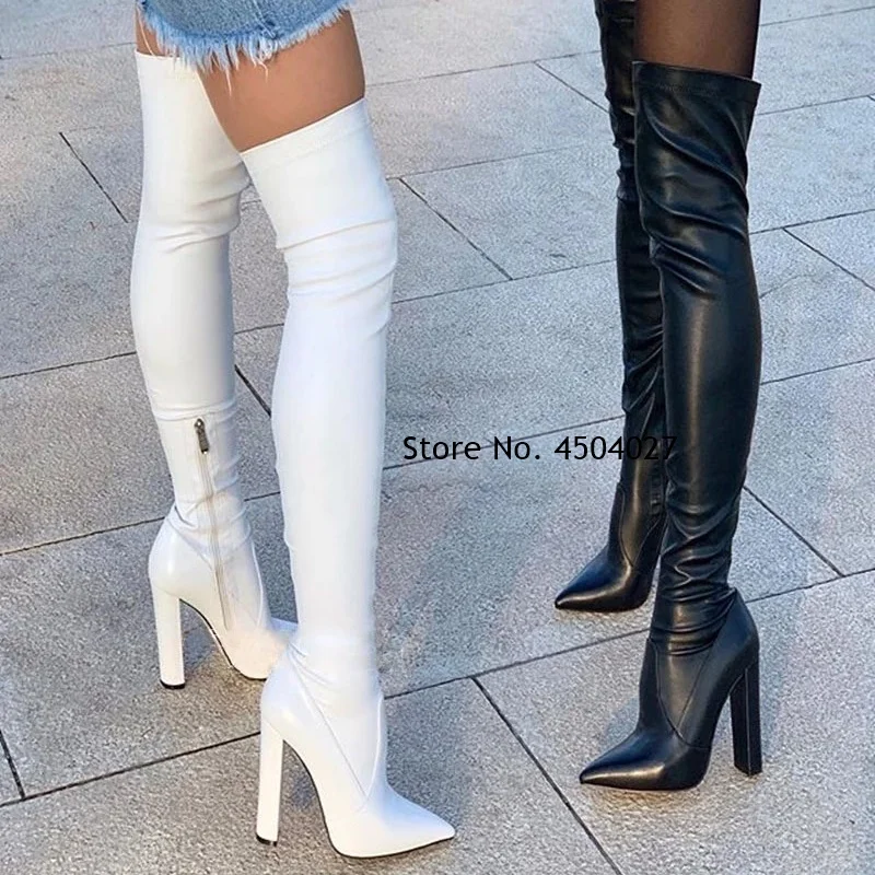 

Ботфорты на массивном каблуке, стрейчевые, матовые, кожаные, заостренный носок, молния, облегающие ботфорты, телесные, белые, черные