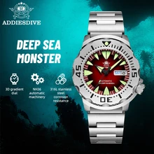 

Addiesdive Ocean Monster Watch NH36A Automatic Movement Red Orange C3 Luminous Dial Sapphire Crystal Sport 200M Dive Watches Men