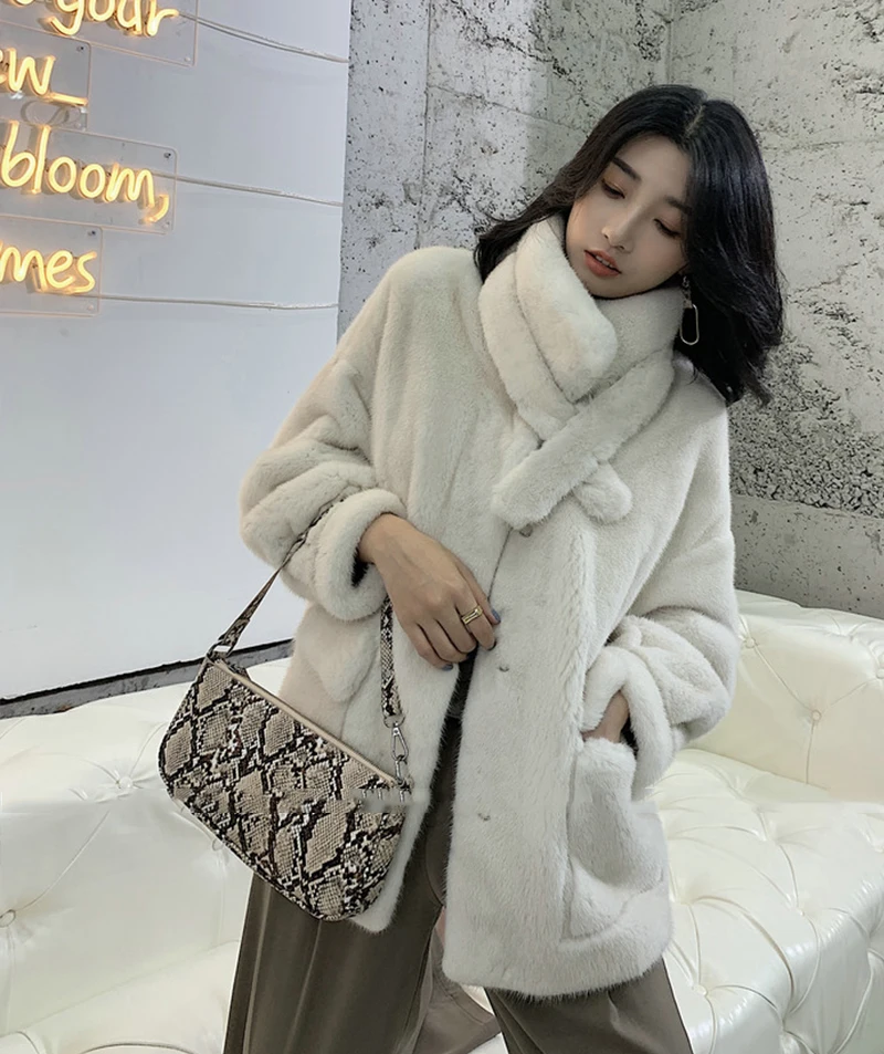Ftangaiur New Winter Import Velvet Mink Coat Mandarin Collar Pure Color Natural Fur Coat Women's Medium Real Mink Fur Coats
