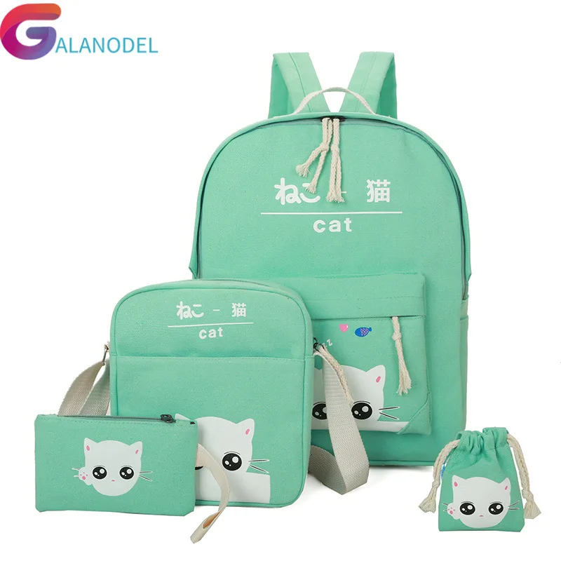Fashion Cartoon Kitten backpack for ladies High quality canvas school bag for teen girls College 4pcs/set school backpacks