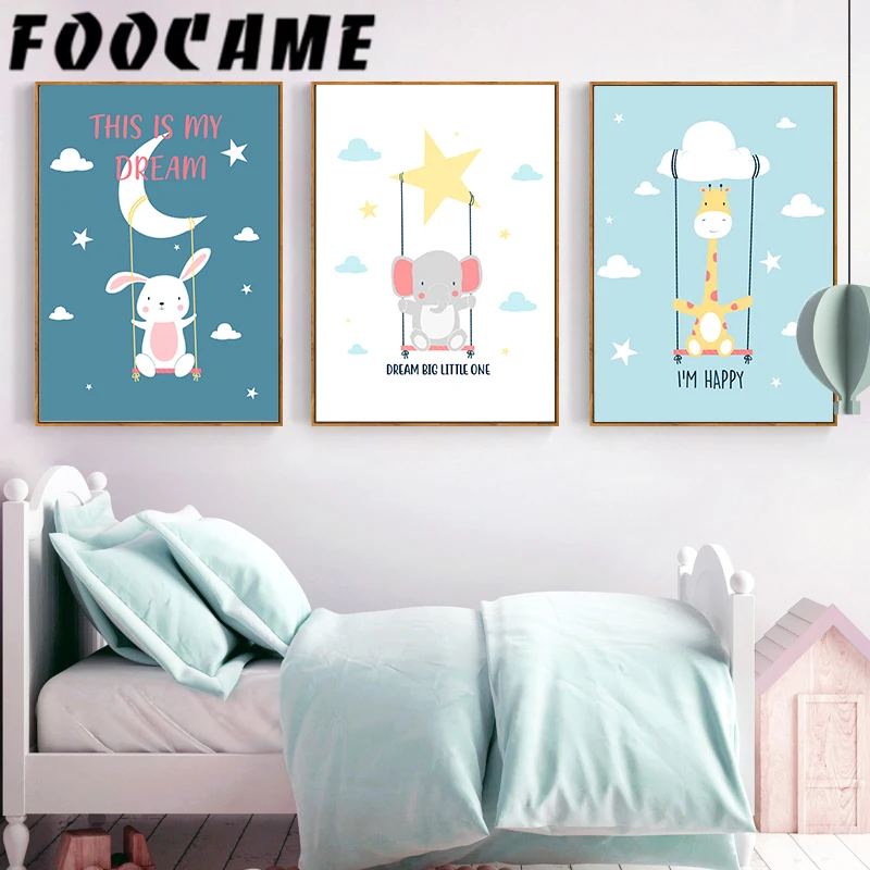 

FOOCAME Nursery Wall Art Elephant Giraffe Rabbit Swing Cartoon Kids Poster Prints Baby Room Decoration Pictures Canvas Painting