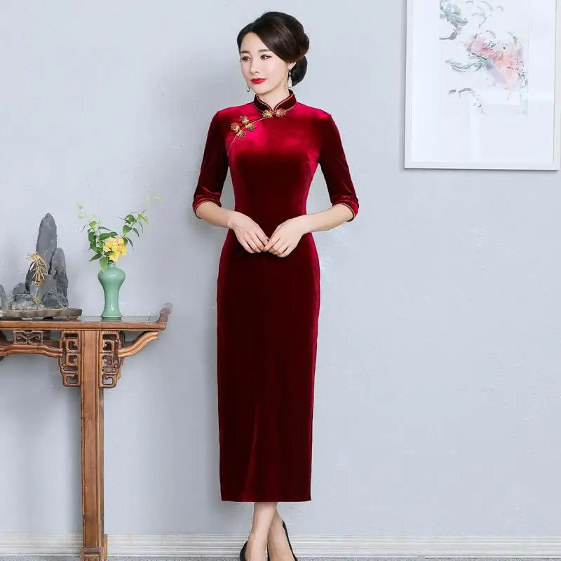 Бордовый Чонсам для молодых леди Винтаж Кнопка Qipao большой размер 3XL 4XL Мандарин воротник платья длинное велюровое платье Vestidos - Цвет: Claret
