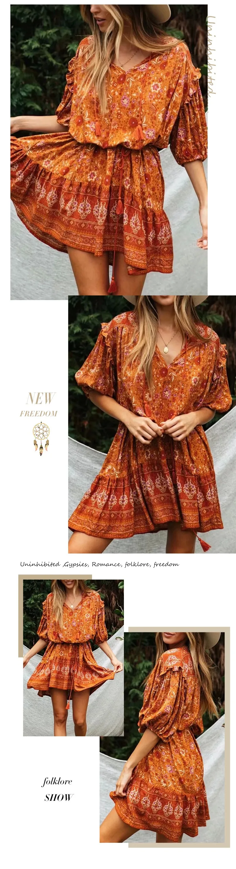 Everkaki, женское короткое платье, бохо, цветочный принт, кисточки, пояс, Vestidos Gypsy, женские мини платья, для женщин, весна-лето, Новинка