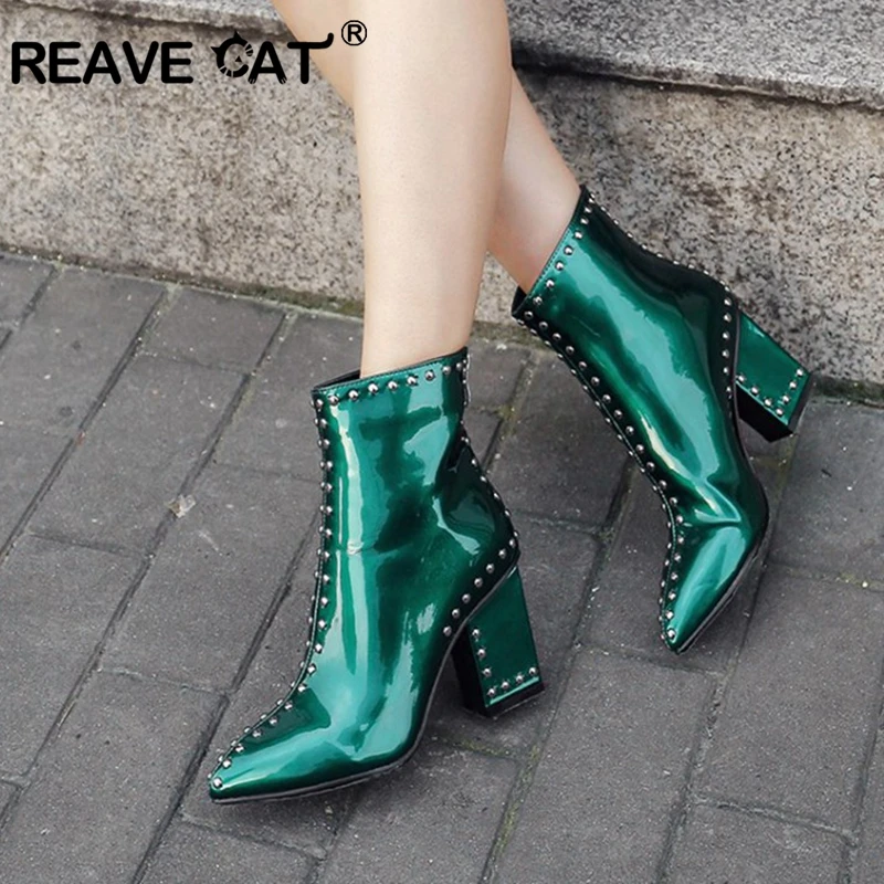 

REAVE CAT British style Woman Ankle Boots stud. pointed toe back zipper HIgh Heels rivets party shoes