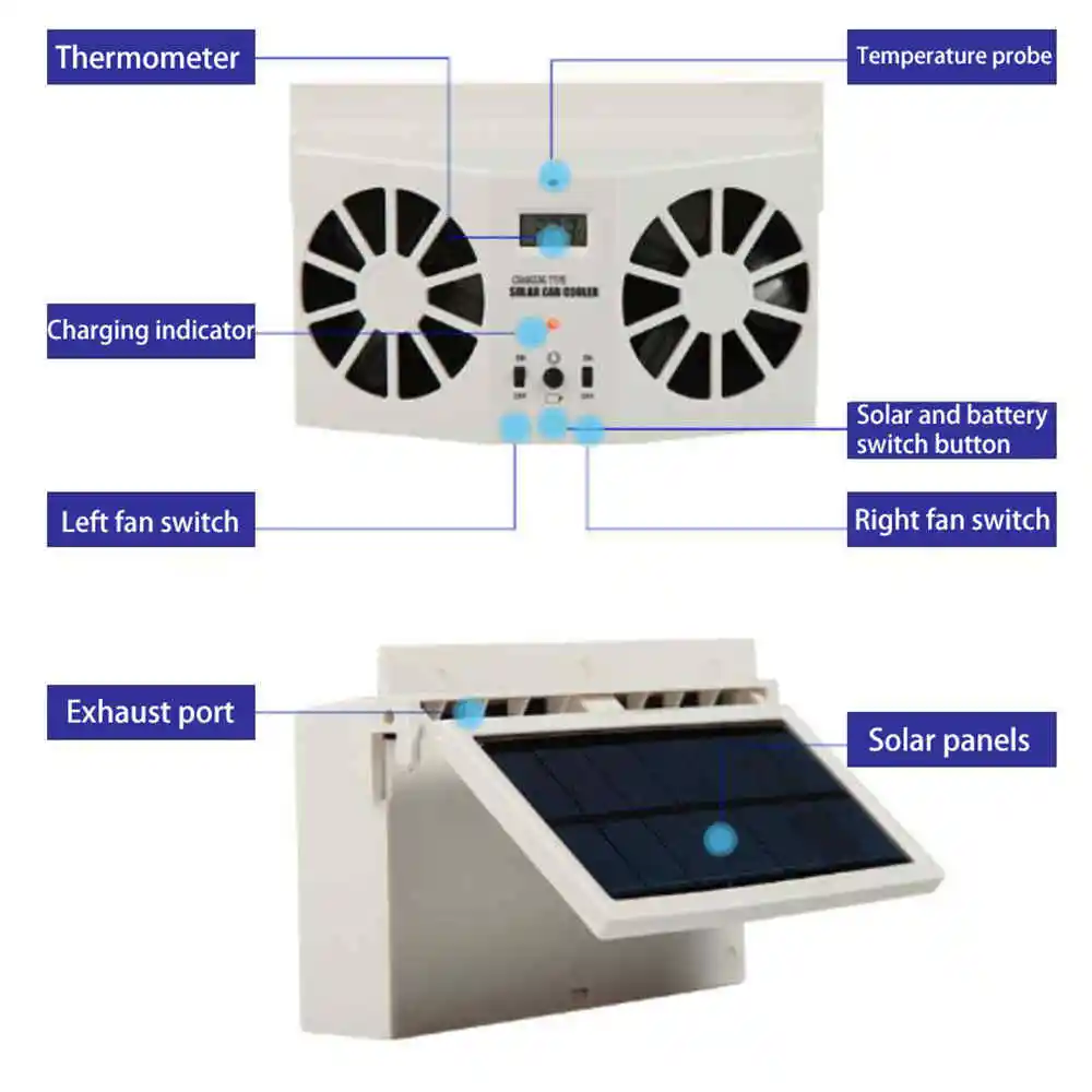 Автомобильный оконный вентилятор на солнечной энергии, вытяжной вентилятор для автомобиля, охладитель для жабры, автоматический вентилятор, двухрежимный источник питания, высокомощная система очистки