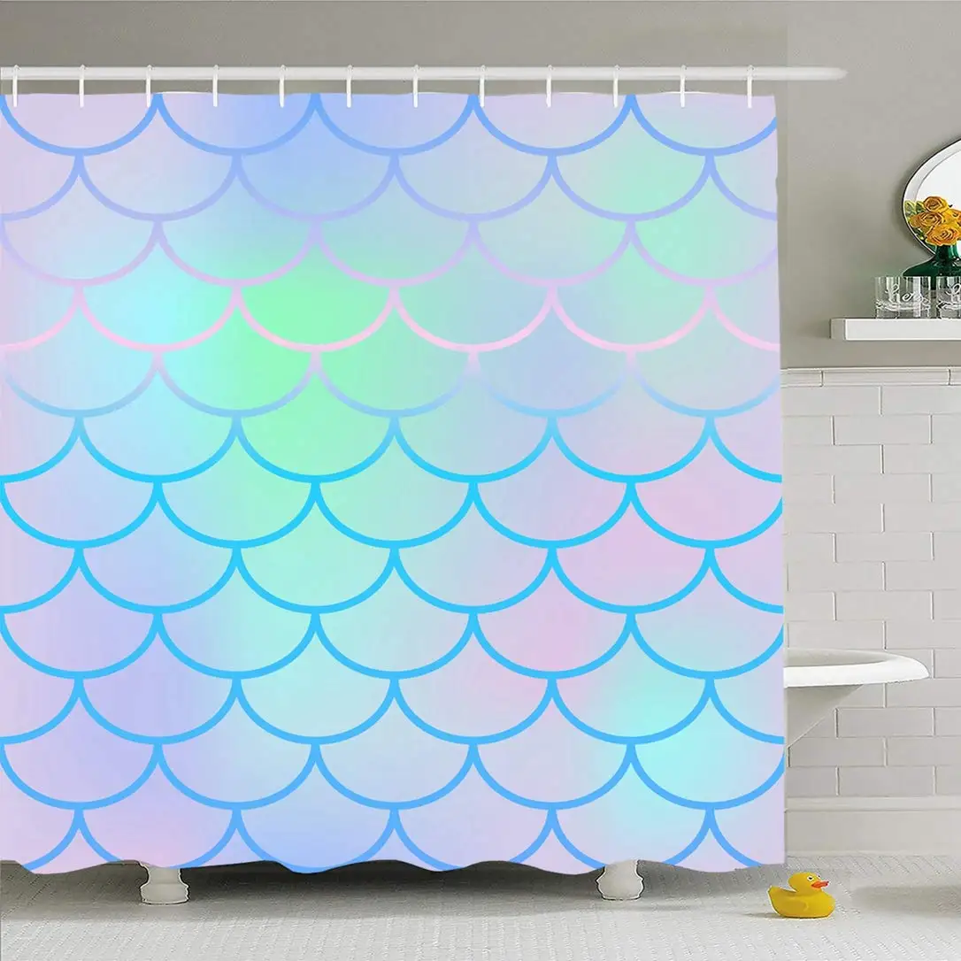 

Shower Curtain Set with Hooks 66x72 Mint Nautical Yellow Gradient Skin Blue Decor Pale Fish Scale Pattern Geometric Abstract