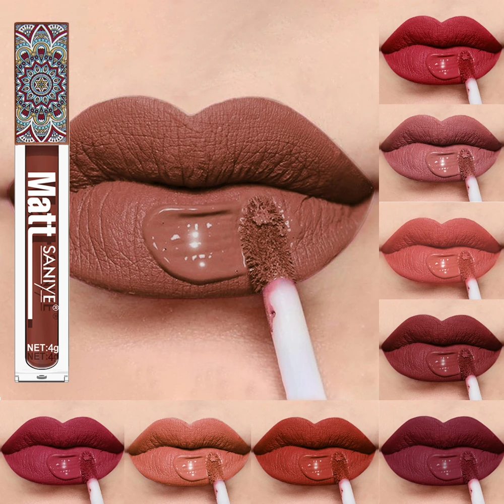SANIYE Brand Makeup Nude Lip Gloss Waterproof Liquid Matte Lipstick Long Lasting 4g Quick Dry Red Cosmetics |