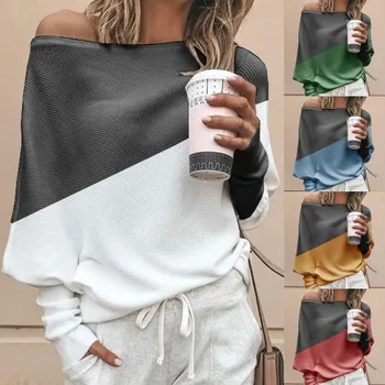 

Hot Sale Autumn Long Sleeve Women Sweaters Shirts Stitching Contrast Plus Size Lady Pullovers Female Cloth