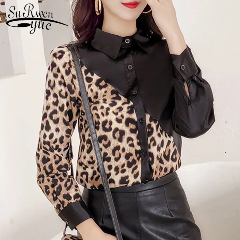 

2019 Fashion Women Chiffon Blouses Turn-down Collar Casual Women Clothing Long Sleeve Leopard Women Tops 5704 50