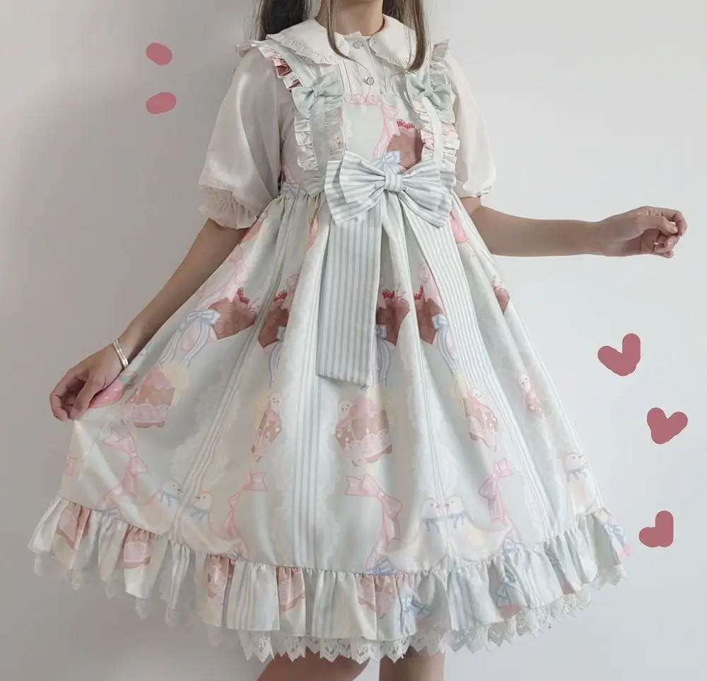 Japanese Style Kawaii Lolita Jsk Drsss Women Cute Cartoon Print Lace Bow Princess Dresses Girls Sweet Party Mini Dresses