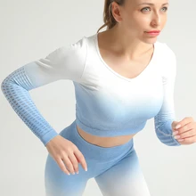 Бесшовная футболка с длинным рукавом для йоги, женская футболка с полой сеткой для спортзала, укороченный топ для тренировок и бега, градиентная Сексуальная футболка для фитнеса, Спортивная футболка