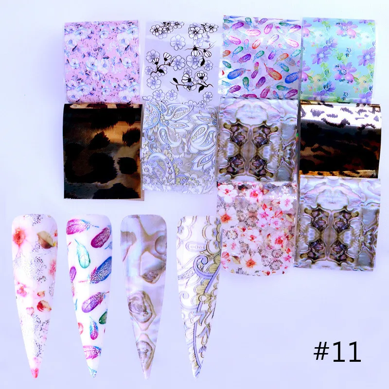 10 видов конструкций наборы лазерных фольг для ногтей градиентные Звездные бумажные Цветочные кружевные наклейки маникюрные клеящиеся Обертывания для ногтей DIY лак для декора - Цвет: 11