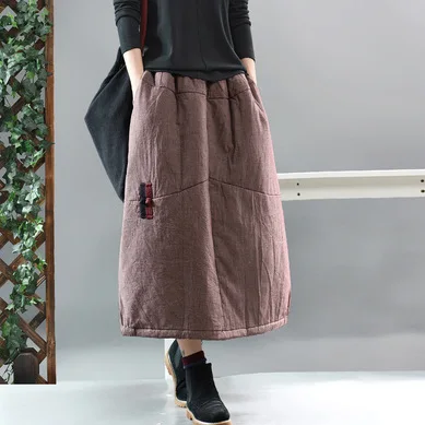 

Winter Warm Women Retro Loose Cotton Padded Pocket Casual Skirts 2020 Spring New Ladies Elastic Waist Plaid Thicker Skirt
