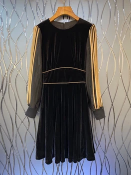 

2020 autumn and winter New Women's Round Neck Sleeve Striped stitching decorative long sleeve velvet dress 930