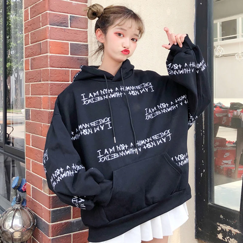 Толстовки женские в Корейском стиле Ulzzang Harajuku с капюшоном с длинным рукавом студенческие Большие размеры с большим карманом и буквенным принтом женские s толстовки