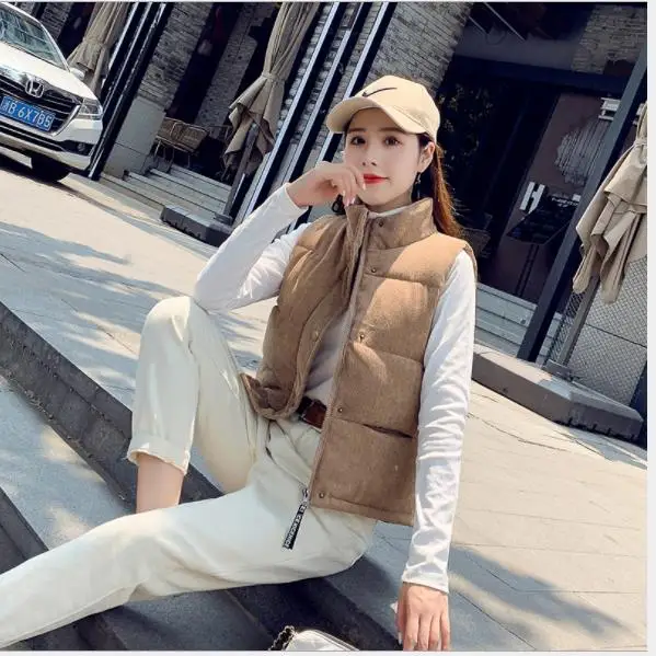 corduroy Autumn Winter Women Vest Fashion Down Cotton Waistcoat Female Stand-Collar Slim Button Short Vest Mujer M063 - Color: Caramel Color