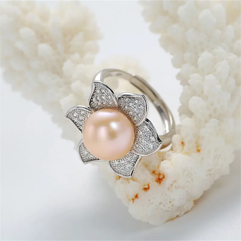 Dainashi Gorgeous 925 Sterling Silver Flower Zircon Crystal Adjustable Ring Luxury Genuine Freshwater Cultured Pearl Ring