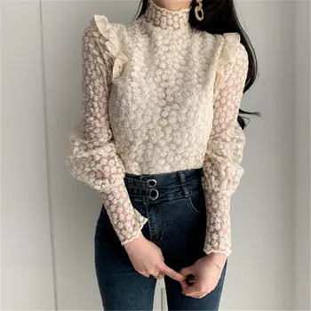 

Alien Kitty 2020 Apricot Lace Delicate Turtleneck Floral Chic Basic Blouses All Match Elegant Casual Office Lady Loose Shirts