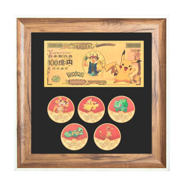5PCS Gold Coins Set Banknote with Wood Frame Case Japanese Challenge Coins Dragon Ball Anime Coins Collectibles Giift for Men